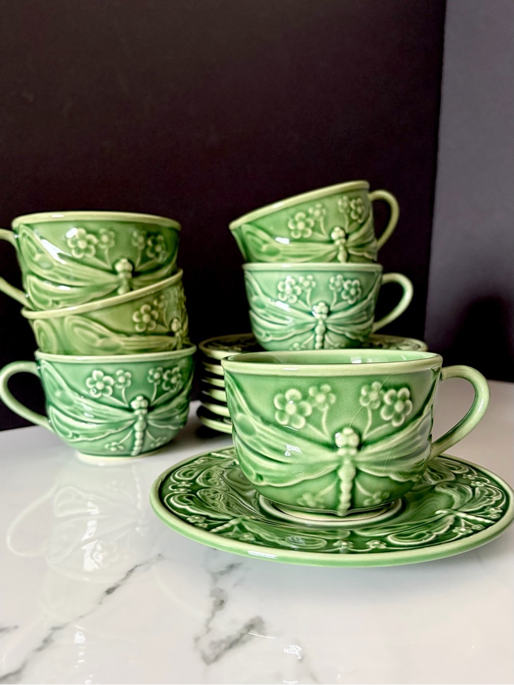SET of 6 Dragonfly Cup & Saucers - For World Market by Bordallo Pinheiro